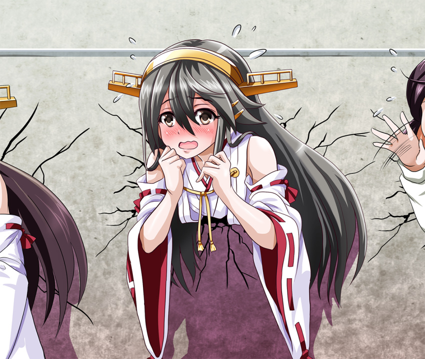 3girls bare_shoulders black_hair blush brown_eyes crack detached_sleeves flying_sweatdrops full-face_blush hair_between_eyes hair_ornament hairband hairclip haruna_(kantai_collection) headgear japanese_clothes kantai_collection kongou_(kantai_collection) long_hair long_sleeves motion_lines multiple_girls nontraditional_miko open_mouth remodel_(kantai_collection) ribbon-trimmed_sleeves ribbon_trim short_hair stuck tk8d32 wall wide_sleeves