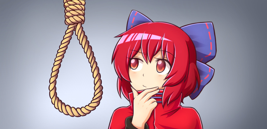 1girl blue_bow bow commentary gradient gradient_background grey_background hair_bow hair_ribbon hand_on_own_chin noose photo_reference portrait red_eyes redhead ribbon rope sekibanki short_hair simple_background solo thinking touhou wool_(miwol)
