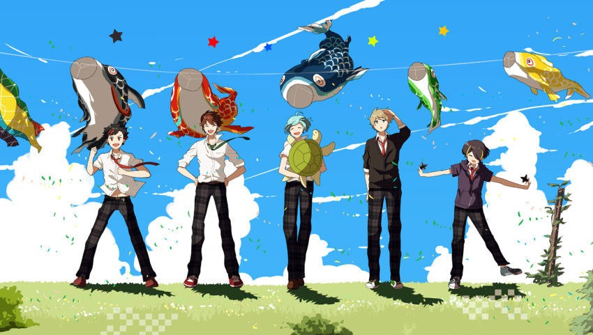 &gt;:d 5boys :d ^_^ ^o^ ahoge animal aqua_hair black_hair blonde_hair blue_eyes blue_sky brown_hair clenched_hand closed_eyes clouds collared_shirt condensation_trail day dress_shirt ensemble_stars! full_body grass green_necktie hair_ornament hairclip hand_on_hip hands_on_hips horizon houhou_(black_lack) kite kodomo_no_hi koinobori long_pants looking_afar looking_at_viewer looking_up morisawa_chiaki multicolored_hair multiple_boys nagumo_tetora nagumo_tetora necktie open_mouth outdoors outstretched_arms pants plaid plaid_pants plant red_necktie ryuuseitai school_uniform sengoku_shinobu shinkai_kanata shirt shuriken sky smile spread_arms standing star streaked_hair takamine_midori turtle visible_air wind wing_collar