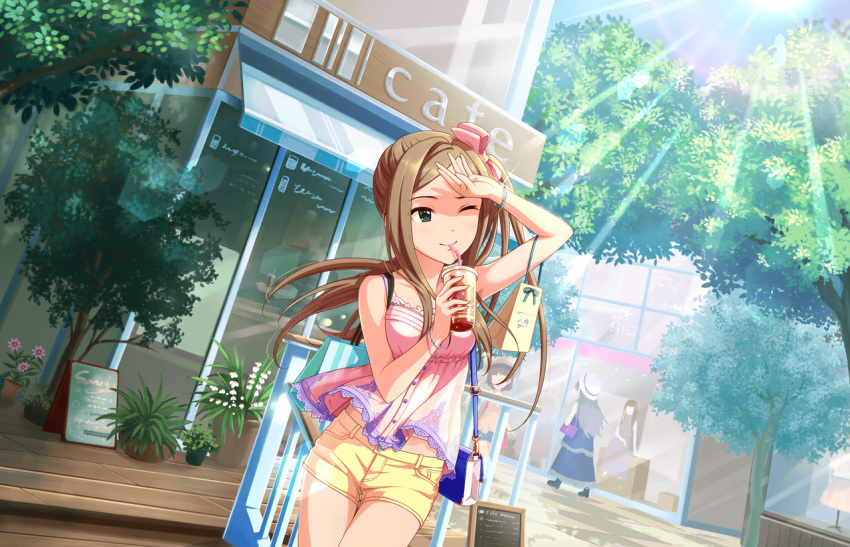 1girl artist_request bag brown_hair cafe drink drinking_straw flower flower_pot idolmaster idolmaster_cinderella_girls idolmaster_cinderella_girls_starlight_stage long_hair matsuyama_kumiko official_art one_eye_closed ponytail shorts side_ponytail solo_focus sun tree