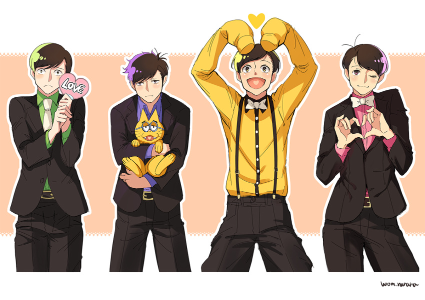 4boys :&lt; ;3 alternate_costume black_hair blush bow bowtie cat esper_nyanko formal glasses green_eyes heart heart_hands jitome matsuno_choromatsu matsuno_ichimatsu matsuno_juushimatsu matsuno_todomatsu messy_hair multiple_boys necktie osomatsu-kun osomatsu-san pink_eyes suit suspenders violet_eyes wewomnanana white_necktie yellow_eyes