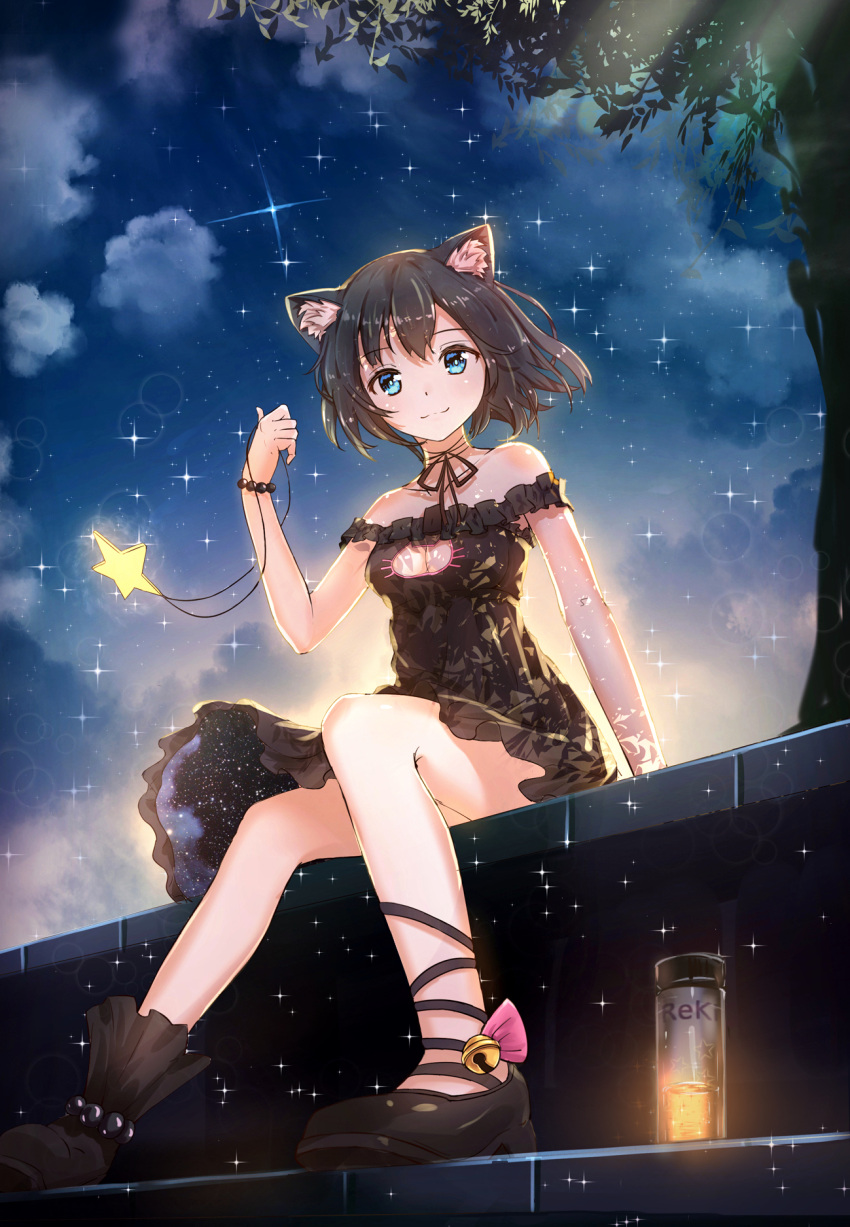 1girl animal_ears anklet artist_name backlighting bare_legs bare_shoulders bell black_hair black_ribbon black_shoes bloom blue_eyes bottle bracelet breasts byakuya_reki cat_cutout cat_ears choker cleavage cleavage_cutout collarbone dress foreshortening highres holding_necklace jewelry jingle_bell looking_at_viewer necklace night off-shoulder_dress off_shoulder original outdoors pearl_bracelet pendant plant ribbon ribbon_choker shoes short_hair sitting sky smile solo sparkle star star_(sky) starry_sky starry_sky_print tree