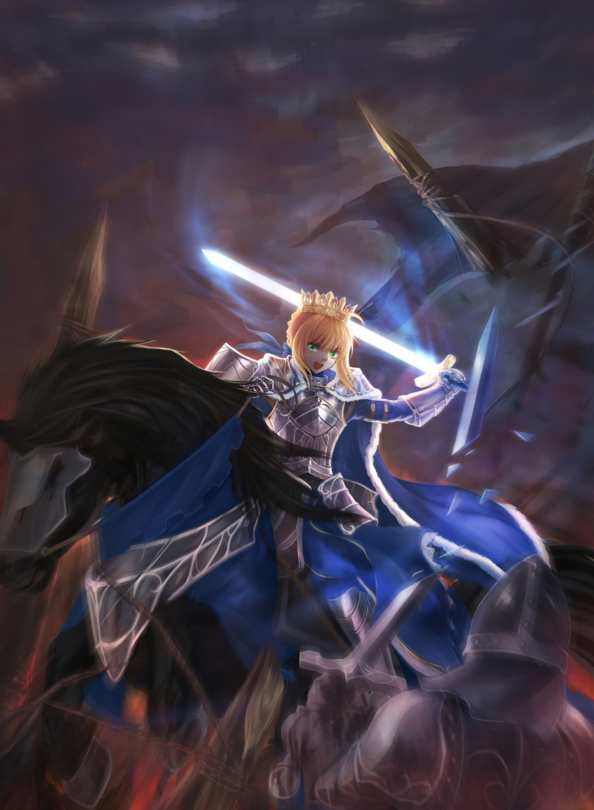 1girl adapted_costume ahoge armor artoria_(3001005) aura broken broken_weapon cape crown excalibur fate/stay_night fate_(series) glowing glowing_weapon green_eyes hair_ribbon highres holding holding_sword holding_weapon horse horseback_riding motion_blur open_mouth pauldrons raised_hand ribbon riding saber shield skull_helmet solo_focus sword type-moon weapon