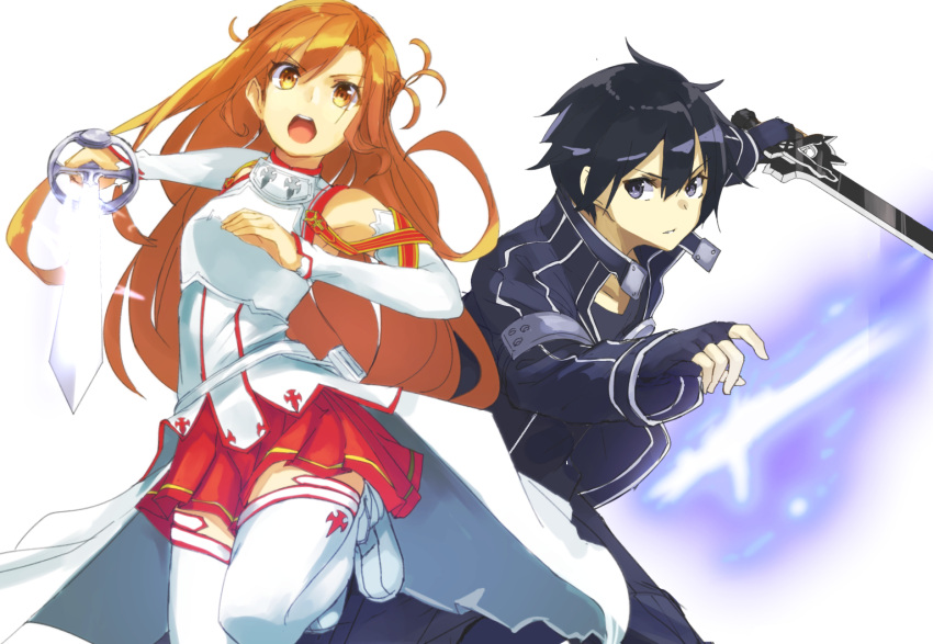 1boy 1girl asuna_(sao) black_eyes black_hair breastplate brown_eyes brown_hair fingerless_gloves gloves kirito long_hair minutachi short_hair sword sword_art_online thigh-highs weapon