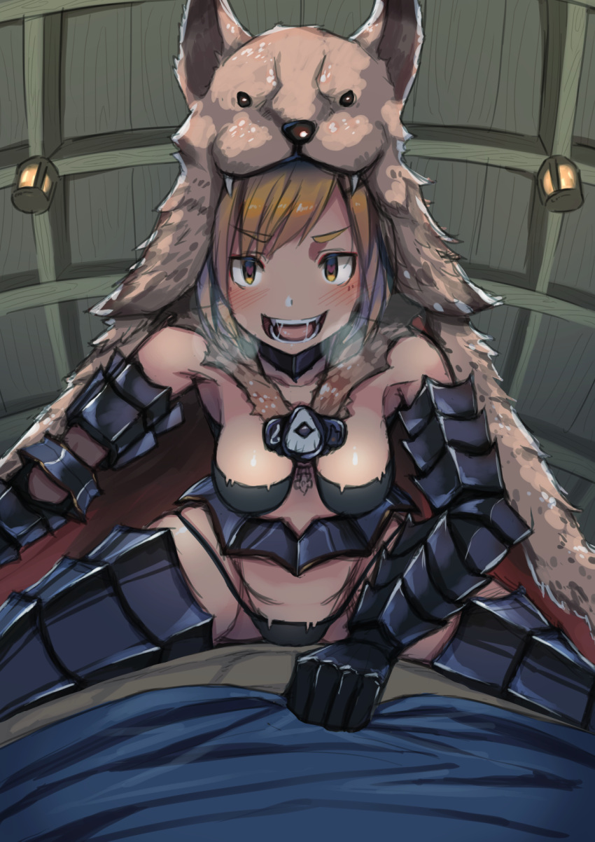 1girl animal_ears armor bare_shoulders berserker_(granblue_fantasy) black_panties blonde_hair blush boots breasts breath ceiling collar collarbone djeeta_(granblue_fantasy) eyebrows eyebrows_visible_through_hair fangs gauntlets granblue_fantasy hair_ornament heart heart-shaped_pupils highres indoors lantern nabeo open_mouth panties pelt pov saliva short_hair sitting sitting_on_person solo spread_legs symbol-shaped_pupils thigh-highs thigh_boots tongue underwear wolf_pelt