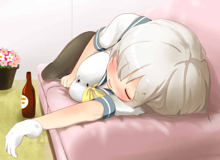 1girl alcohol black_legwear blush bottle closed_eyes commentary_request couch drunk eyebrows eyebrows_visible_through_hair flower from_above full_body gloves hair_over_one_eye hamakaze_(kantai_collection) hauto-san indoors kantai_collection lying on_side one_eye_covered open_mouth pantyhose plant potted_plant school_uniform serafuku short_hair short_sleeves silver_hair sleeping solo white_gloves