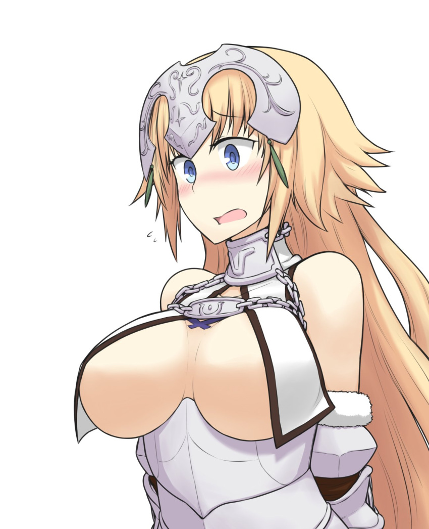 1girl armor armored_dress arms_behind_back blonde_hair blue_eyes blush breasts breasts_apart chain fate/apocrypha fate/grand_order fate_(series) flying_sweatdrops gauntlets hamu_koutarou headpiece highres large_breasts long_hair open_mouth revealing_clothes ruler_(fate/apocrypha) solo underbust upper_body white_background