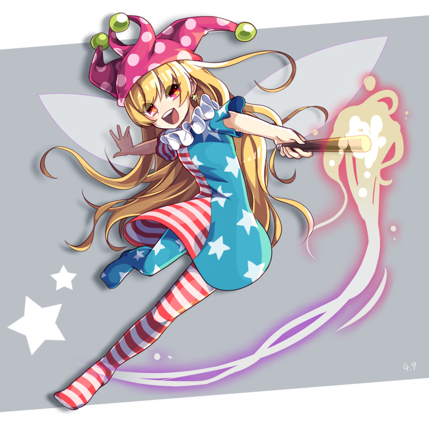 1girl american_flag_dress american_flag_legwear blonde_hair clownpiece collar dress fairy fairy_wings fire frilled_collar frills full_body hat highres jester_cap kozakura_(dictionary) long_hair looking_at_viewer neck_ruff open_mouth outstretched_arms pantyhose pink_eyes polka_dot short_sleeves simple_background solo star star-shaped_pupils striped symbol-shaped_pupils teeth torch touhou very_long_hair wings