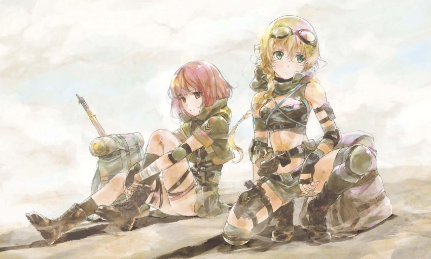 2girls backpack backpack_removed bag belt blonde_hair boots crop_top goggles goggles_on_head gun highres hosoi_mieko midriff multiple_girls one_knee redhead rifle short_shorts shorts sitting skindentation weapon