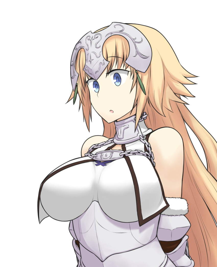 1girl :o armor armored_dress arms_behind_back blonde_hair blue_eyes breasts breasts_apart chain fate/apocrypha fate/grand_order fate_(series) gauntlets hamu_koutarou headpiece highres large_breasts long_hair ruler_(fate/apocrypha) solo underbust upper_body white_background