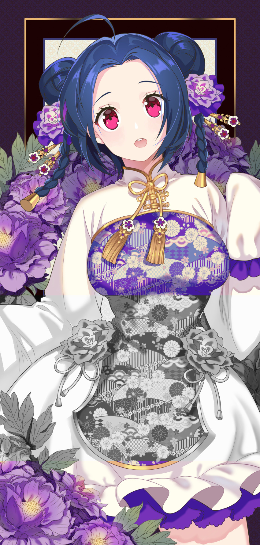 1girl 72producer absurdres ahoge artist_request blue_dress blue_hair braid breasts cowboy_shot double_bun dress floral_background floral_print flower frilled_dress frills hair_flower hair_ornament hair_stick highres idolmaster large_breasts leaf long_sleeves looking_at_viewer miura_azusa multicolored_dress open_mouth patterned_clothing peony_(flower) pink_eyes purple_dress purple_rose red_eyes rose round_teeth short_hair sleeves_past_wrists solo tassel teeth twin_braids white_dress