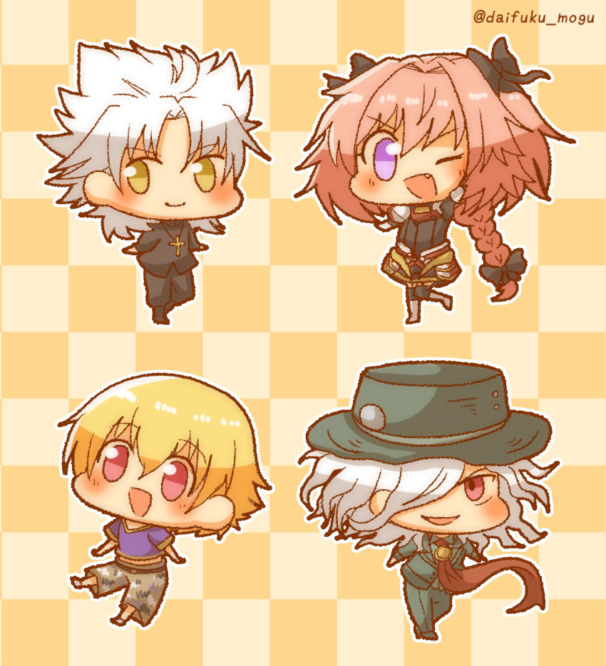 4boys ;d blonde_hair boots braid checkered checkered_background chibi child_gilgamesh cross cross_necklace daifuku_mogu edmond_dantes_(fate/grand_order) fang fate/apocrypha fate/grand_order fate/hollow_ataraxia fate_(series) hair_over_one_eye hat highres jewelry kotomine_shirou looking_at_viewer multiple_boys necklace necktie one_eye_closed open_mouth otoko_no_ko pink_hair rider_of_black smile twitter_username violet_eyes white_hair