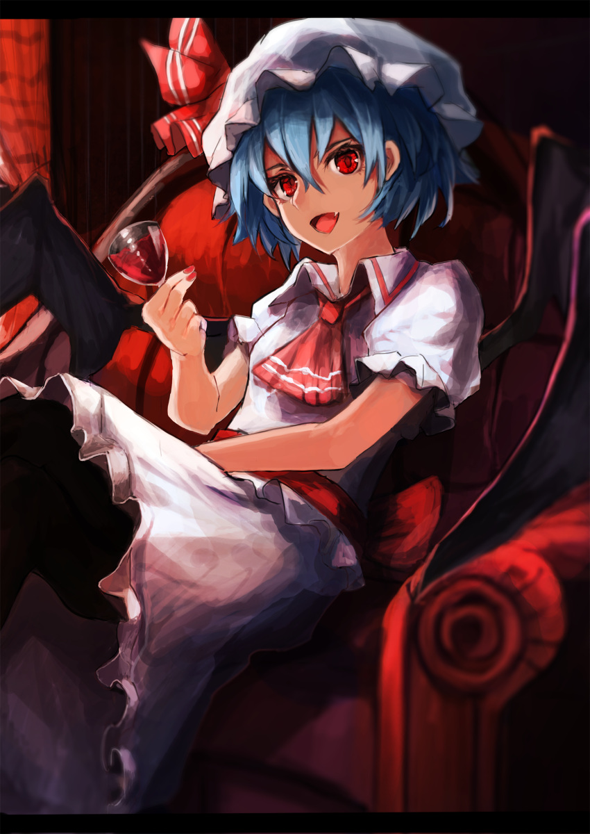 1girl absurdres alcohol aruto2498 ascot bat_wings blue_hair cup drinking_glass fang hat hat_ribbon highres letterboxed looking_at_viewer mob_cap nail_polish open_mouth puffy_sleeves red_eyes remilia_scarlet ribbon sash shirt short_hair short_sleeves sitting skirt skirt_set smile solo throne touhou wine wine_glass wings