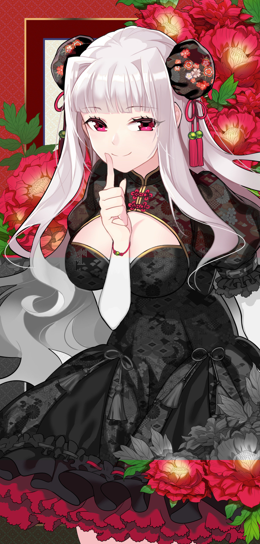 1girl 72producer absurdres artist_request bangs black_dress blunt_bangs bow bracelet breasts bun_cover china_dress chinese_clothes cleavage cleavage_cutout double_bun dress eyelashes finger_to_mouth floral_background floral_print flower frilled_dress frills hair_intakes highres hime_cut idolmaster index_finger_raised jewelry leaf long_hair looking_at_viewer multicolored_dress patterned_clothing peony_(flower) pink_eyes red_background red_eyes shijou_takane smile solo tassel white_hair