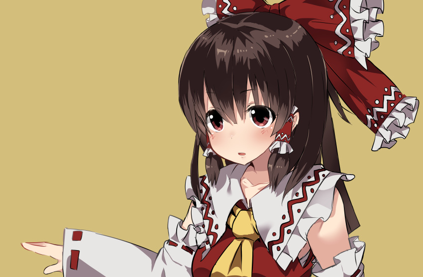 1girl :o absurdres ascot bare_shoulders benjamin_button_suukina_jinsei blush bow brown_hair collar collarbone cookie_(touhou) detached_sleeves eyebrows eyebrows_visible_through_hair frilled_collar frills hair_between_eyes hair_bow hair_tubes hakurei_reimu highres kanna_(cookie) long_hair long_sleeves open_mouth ponytail red_bow red_eyes red_ribbon red_vest ribbon ribbon-trimmed_sleeves ribbon_trim sarashi simple_background sleeves_past_wrists solo tareme touhou upper_body vest yellow_background