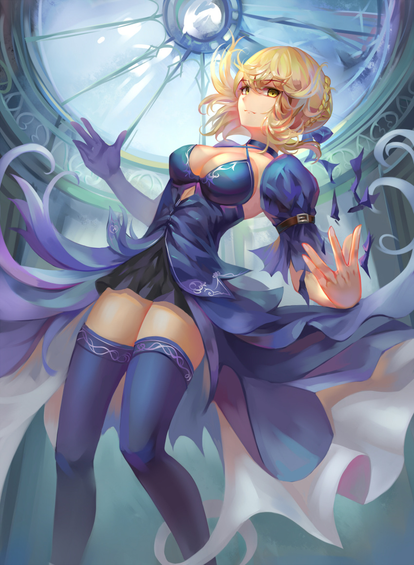 1girl absurdres adapted_costume argyle_cutout arm_belt blonde_hair blue_dress blue_gloves blue_legwear blue_ribbon breasts choker criss-cross_halter dress eyebrows eyebrows_visible_through_hair fate/stay_night fate_(series) floating_hair gloves hair_between_eyes hair_ribbon halter_top halterneck highres indoors looking_at_viewer mafuyu_(867208837) puffy_sleeves ribbon saber saber_alter shade single_glove solo thigh-highs torn_ribbon yellow_eyes