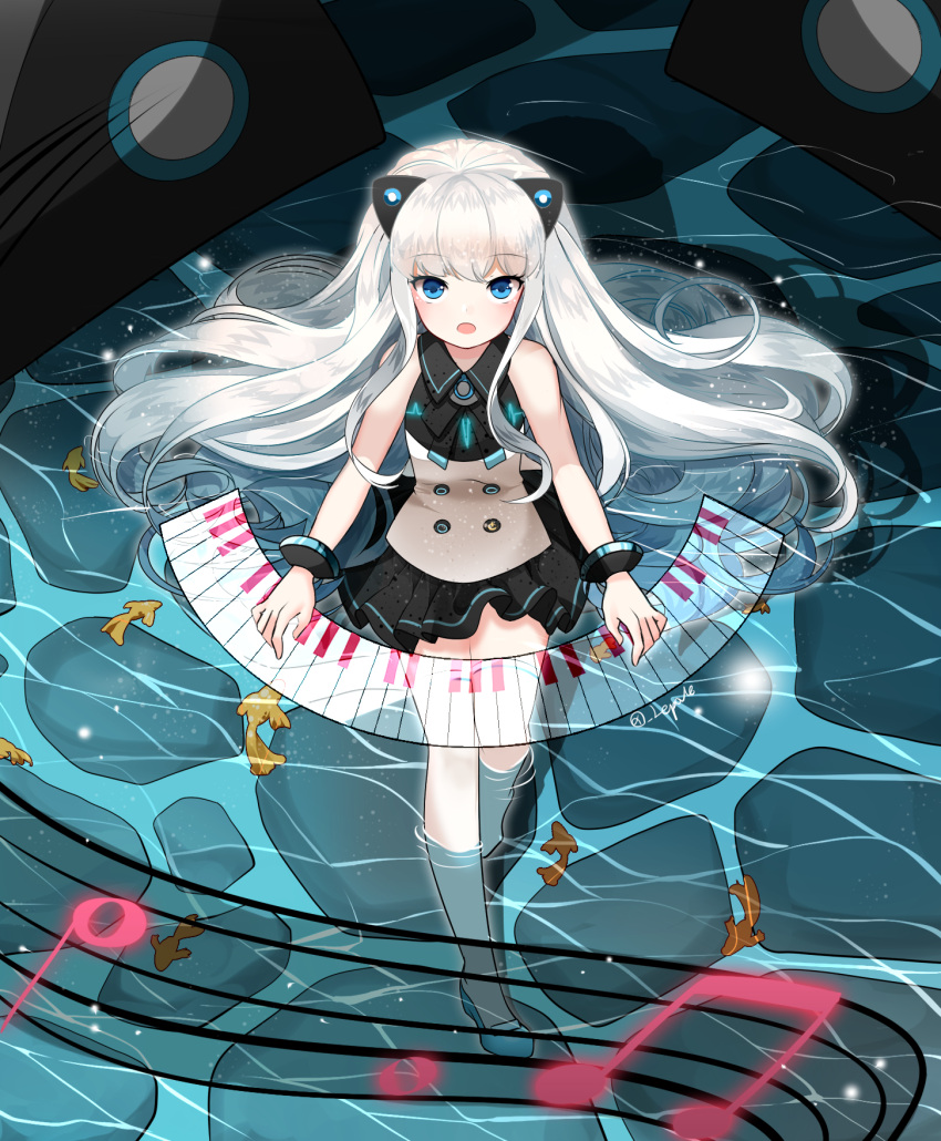 1girl :0 alternate_color animal_ears blue_eyes cat_ears dress highres instrument lepoule_(kmjh90) long_hair musical_note open_mouth piano playing_piano seeu silver_hair solo thigh-highs vocaloid