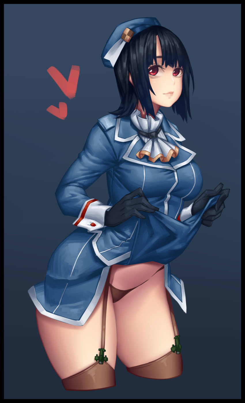 1girl absurdres ascot beret black_border black_hair blue_background blue_hat blue_jacket blue_skirt border breasts brown_legwear brown_panties closed_mouth cowboy_shot cropped_legs garter_straps hat heart highres jacket kantai_collection large_breasts leaning_forward lifted_by_self long_sleeves military military_uniform panties red_eyes rico_(game00985) short_hair simple_background skirt skirt_lift smile solo takao_(kantai_collection) underwear uniform wrist_cuffs