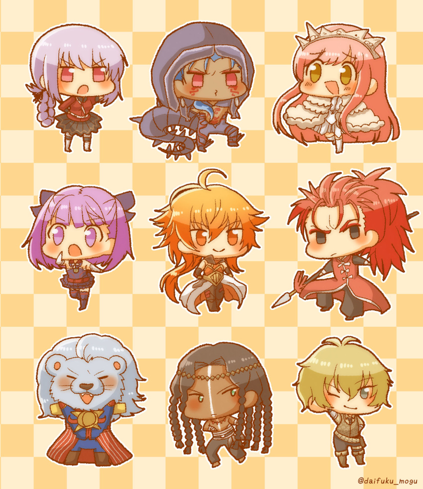 3girls 6+boys :d ;) ahoge assassin_(fate/extra) billy_the_kid_(fate/grand_order) black_legwear blonde_hair blue_hair blush braid brown_eyes checkered checkered_background chibi chinese_clothes crown cu_chulainn_alter_(fate/grand_order) daifuku_mogu dark_skin detached_sleeves fangs fate/extra fate/grand_order fate_(series) florence_nightingale_(fate/grand_order) geronimo_(fate/grand_order) grey_eyes helena_blavatsky_(fate/grand_order) highres holding holding_weapon holster hood lion long_hair looking_at_viewer medb_(fate/grand_order) multiple_boys multiple_girls one_eye_closed open_mouth orange_eyes orange_hair pink_hair pleated_skirt polearm ponytail purple_hair rama_(fate/grand_order) redhead skirt sleeveless smile spear tail thigh-highs thomas_edison_(fate/grand_order) topless violet_eyes weapon white_legwear