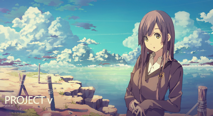 1girl brown_hair cliff clouds eyebrows hands_together horizon long_hair long_sleeves looking_at_viewer ocean open_mouth original post rope scenery school_uniform sky solo stick sweater text upper_body v-neck yellow_eyes yohan12