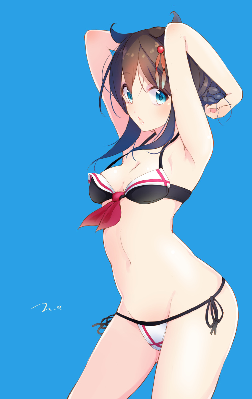 1girl :o adapted_costume alternate_hairstyle armpits arms_behind_head arms_up bare_arms bare_shoulders bikini black_bikini black_hair black_ribbon blue_background blue_eyes blush breasts cleavage contrapposto eyebrows eyebrows_visible_through_hair hair_flaps hair_ornament hairpin highres kantai_collection midriff navel neckerchief open_mouth remodel_(kantai_collection) ribbon shigure_(kantai_collection) side-tie_bikini sidelocks signature simple_background solo standing stomach strap_gap swimsuit tareme tebi_(tbd11)