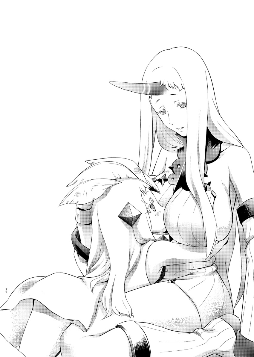 2girls absurdres bare_shoulders between_breasts black_panties boots breasts claws detached_sleeves dress greyscale halftone hand_on_another's_head head_between_breasts highres horn horns hug kantai_collection kawashima_mitsuha large_breasts long_hair monochrome multiple_girls northern_ocean_hime panties ribbed_dress seaport_hime shinkaisei-kan short_dress sideboob sitting underwear wariza