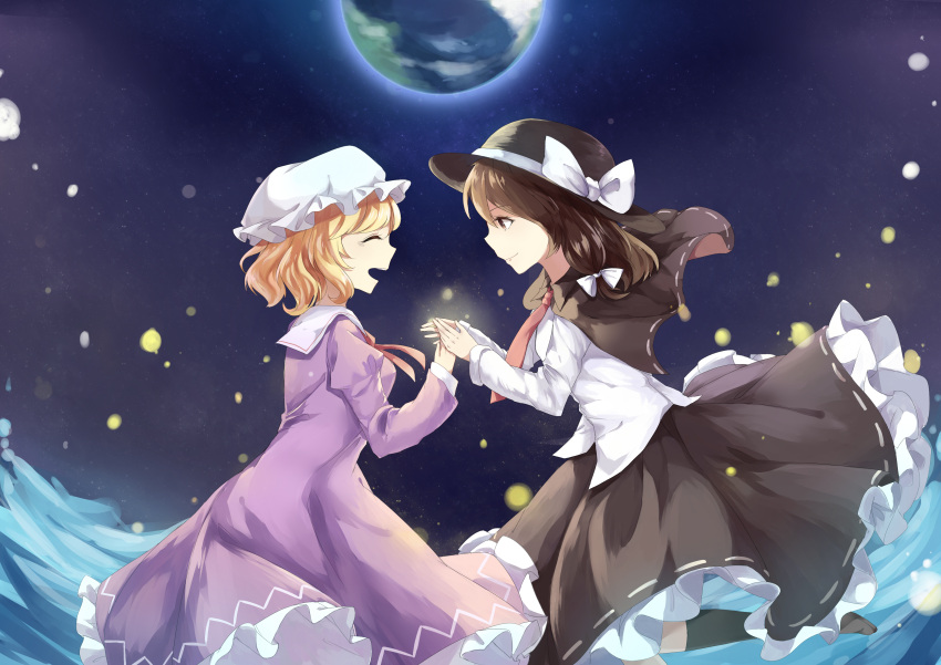 2girls ^_^ ^o^ absurdres black_legwear black_skirt blonde_hair blush bow brown_eyes brown_hair capelet closed_eyes closed_mouth cowboy_shot dress earth fedora frilled_hat frills from_side hat hat_bow highres holding_hands juliet_sleeves kekkai kneehighs leg_up long_skirt long_sleeves maribel_hearn mob_cap multiple_girls necktie pink_dress profile puffy_sleeves red_necktie sailor_collar shirt skirt smile standing_on_one_leg touhou usami_renko water white_bow white_hat white_shirt