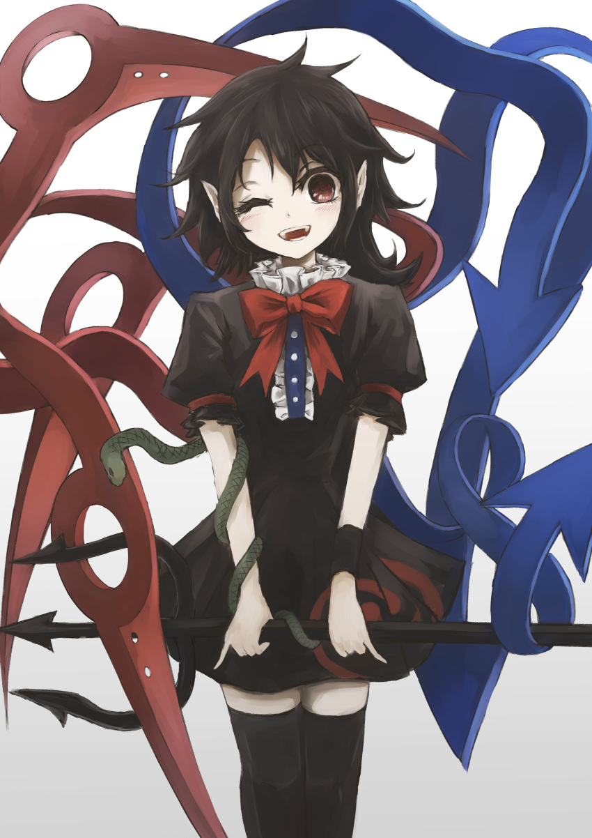 1girl absurdres asymmetrical_wings black_dress black_hair black_legwear bow dress highres houjuu_nue one_eye_closed open_mouth pointy_ears polearm red_bow red_eyes short_dress short_hair smile snake solo standing teeth thigh-highs thkani touhou trident weapon wings wrist_cuffs zettai_ryouiki