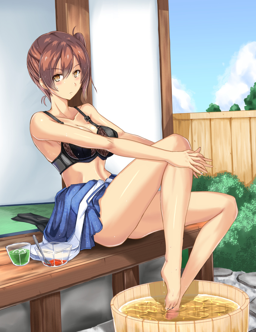 1girl absurdres architecture black_bra bra breasts brown_hair clouds cloudy_sky east_asian_architecture fence from_side full_body hakama hakama_skirt highres japanese_clothes kaga_(kantai_collection) kantai_collection large_breasts leg_hug leg_lift looking_at_viewer luna_(gunfire) midriff navel outdoors side_ponytail sitting sky stone_floor tatami thighs underwear wooden_fence wooden_floor yellow_eyes