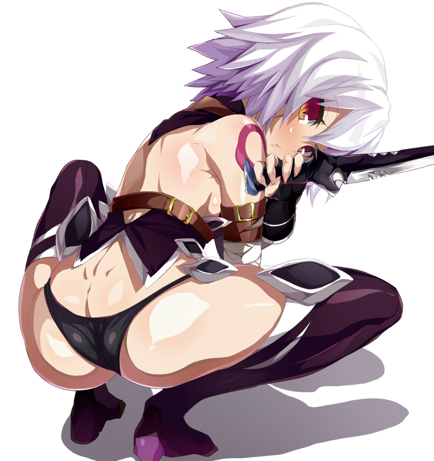 1girl ass assassin_of_black bandages bare_shoulders belt black_panties blush boots dagger fate/apocrypha fate/grand_order fate_(series) fingerless_gloves from_behind full_body gloves high_heels highres holding looking_at_viewer looking_back panties red_eyes scar shimeji_nameko shiny shiny_skin short_hair simple_background solo squatting tattoo thigh-highs underwear weapon white_background white_hair