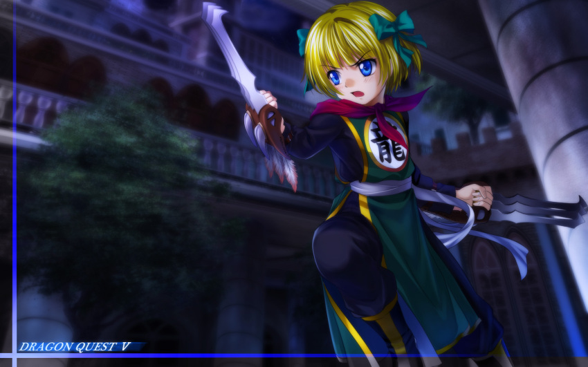 1440x900 bianca's_daughter bianca's_daughter blonde_hair blue_eyes bow castle china_dress chinese_clothes claws cosplay dragon_quest dragon_quest_iii dragon_quest_v fighter_(dq3) fighter_(dq3)_(cosplay) hair_bow moonknives mutsuki_(moonknives) short_hair solo wallpaper