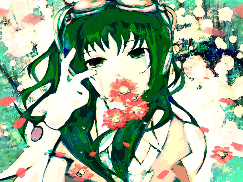 daisy daisy_(flower) flower goggles green_eyes green_hair gumi headphones highres meola solo tears vocaloid