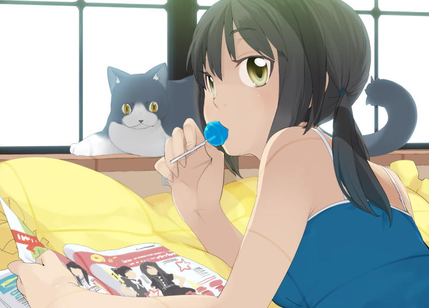bed black_hair candy cat eating kusano_houki lollipop looking_back lying on_stomach original pillow reading shade shadow short_hair tank_top twintails yellow_eyes