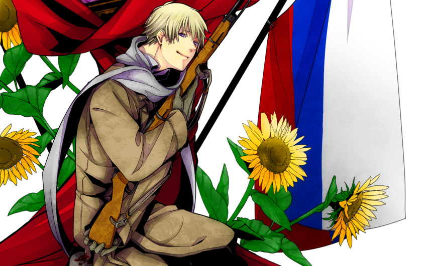 1280x800 axis_powers_hetalia blonde_hair flag flower gun highres male military military_uniform purple_eyes rifle russia_(hetalia) russian_flag scarf solo sunflower todoroki_sora uniform violet_eyes wallpaper weapon