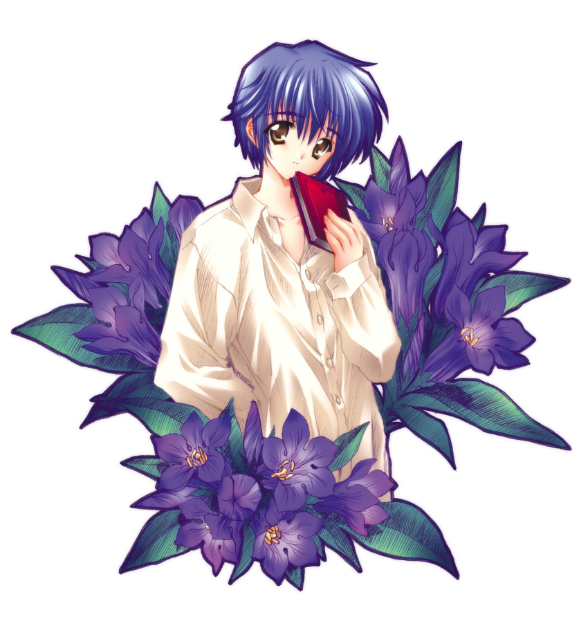 azuma_io blue_hair book carnelian flower highres kao_no_nai_tsuki male short_hair solo