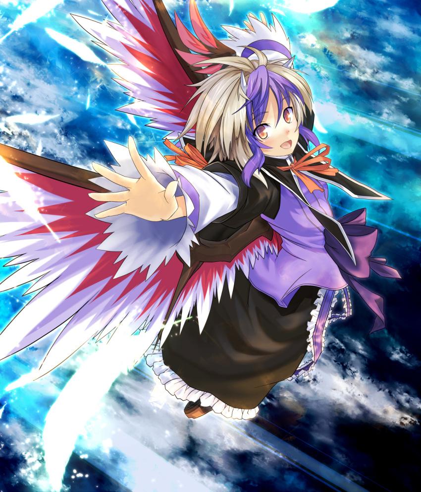 bow eho_(icbm) feathers flying head_wings headwings highres horns kaiho long_sleeves multicolored_hair open_mouth red_eyes ribbon skirt sky smile solo tokiko_(touhou) touhou wings