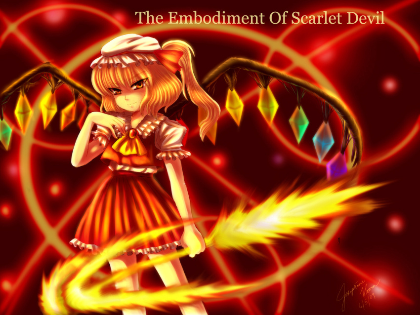 bonnet bow dress fire flandre_scarlet hakimo hakimo(artist) hat highres red_eyes ribbon short_hair side_ponytail skirt title_drop touhou wallpaper wings