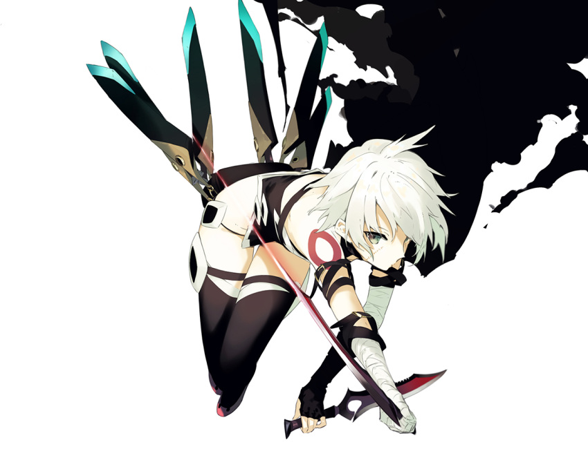 1girl assassin_of_black bandages bare_shoulders belt black_legwear dual_wielding fate/grand_order fate_(series) fingerless_gloves gloves green_eyes knife la-na looking_at_viewer reverse_grip scar short_hair simple_background single_glove slashing solo tattoo thigh-highs weapon white_background white_hair