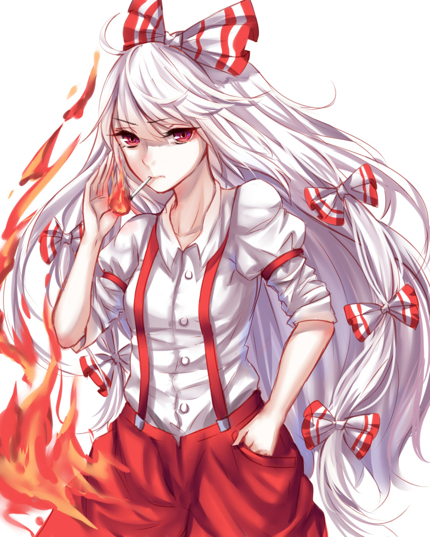 1girl absurdres bow buttons cigarette closed_mouth cowboy_shot eyebrows eyebrows_visible_through_hair fire flame fujiwara_no_mokou hair_bow hand_in_pocket highres long_hair looking_at_viewer mouth_hold multi-tied_hair pants pocket puffy_short_sleeves puffy_sleeves red_eyes red_pants serious sheya short_sleeves simple_background smoking solo suspenders touhou very_long_hair white_background white_bow white_hair wing_collar