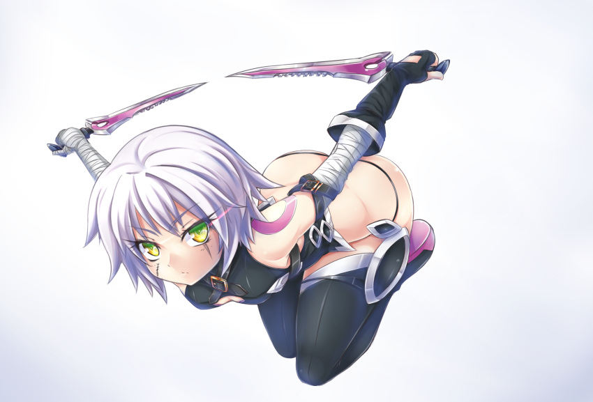 1girl arm_belt assassin_of_black bandaged_arm bandages bangs black_gloves black_legwear black_panties bodypaint boots cleavage_cutout closed_mouth crop_top dual_wielding eyebrows eyebrows_visible_through_hair eyelashes fate/apocrypha fate/grand_order fate_(series) fingerless_gloves from_above frown full_body gloves glowing glowing_eyes gradient_eyes green_eyes hair_between_eyes highres holding holding_weapon looking_at_viewer miyabi_urumi multicolored_eyes no_pants outstretched_arms panties scar scar_across_eye short_hair silver_hair single_glove sleeveless small_breasts solo string_panties thigh-highs thigh_boots underwear weapon white_background white_hair