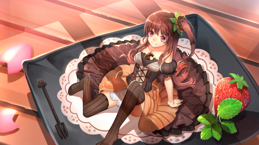 1girl bare_shoulders brown_eyes brown_hair dress food food_themed_hair_ornament food_themed_ornament fruit hair_ornament highres kamisakai leaf long_hair minigirl one_side_up original slice_of_cake solo strapless strapless_dress strawberry thigh-highs