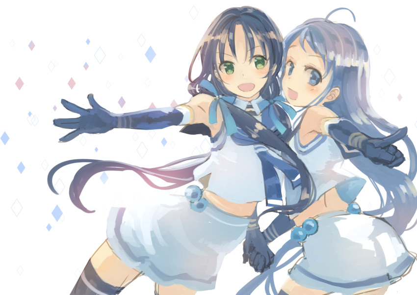 2girls ahoge bangs black_legwear blue_eyes blue_hair elbow_gloves gloves green_eyes hair_ribbon holding_hands index_finger_raised kantai_collection long_hair looking_at_another looking_at_viewer low_twintails multiple_girls naruse_chisato neckerchief open_mouth outstretched_arms pointing ribbon sailor_collar samidare_(kantai_collection) school_uniform serafuku shirt sleeveless sleeveless_shirt smile spread_arms suzukaze_(kantai_collection) swept_bangs thigh-highs twintails very_long_hair zettai_ryouiki