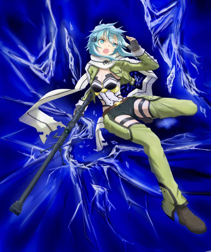 1girl anti-materiel_rifle bipod black_gloves black_shorts blue_eyes blue_hair breasts cleavage fingerless_gloves gloves green_jacket green_legwear gun highres holding holding_gun holding_weapon jacket no-ppo open_clothes open_jacket open_mouth pgm_hecate_ii rifle scope shinon_(sao) short_shorts shorts sniper_rifle solo sword_art_online weapon