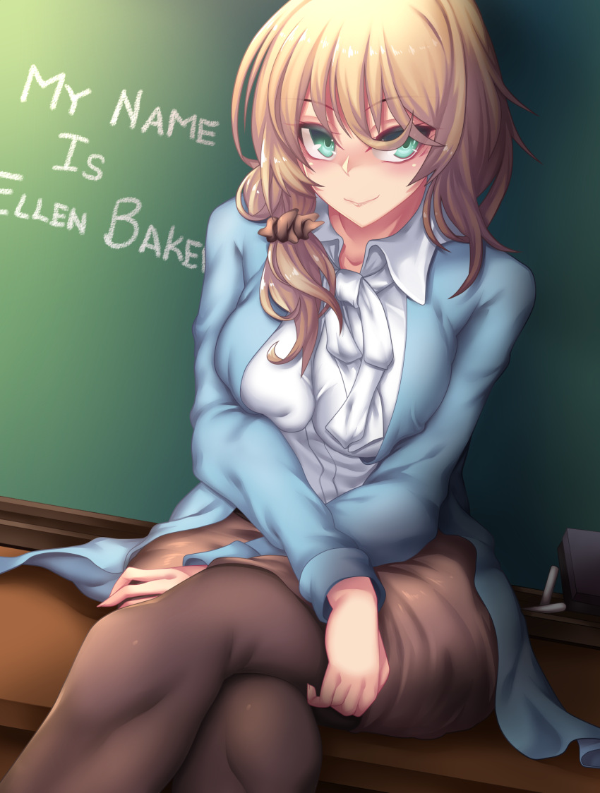 1girl aqua_eyes black_legwear blush breasts chalkboard character_name ellen_baker english fi-san highres long_hair looking_at_viewer low_ponytail naughty_face new_horizon pantyhose scrunchie sitting smile solo teacher