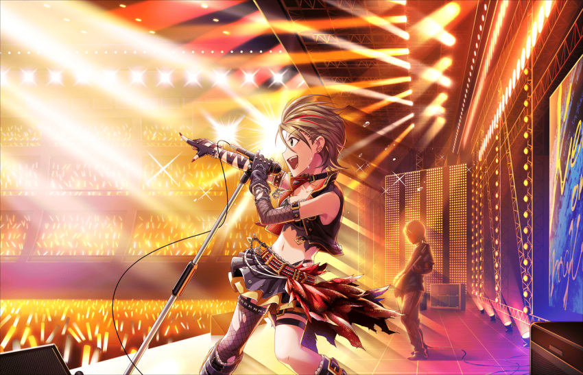 artist_request belt boots brown_hair chain choker collarbone earrings fingerless_gloves flying_sweatdrops garter_straps gloves green_eyes idolmaster idolmaster_cinderella_girls idolmaster_cinderella_girls_starlight_stage jewelry kimura_natsuki microphone microphone_stand nail_polish navel official_art open_mouth red_nails short_hair singing single_thighhigh skirt smile solo_focus sweat thigh-highs torn_clothes torn_thighhighs
