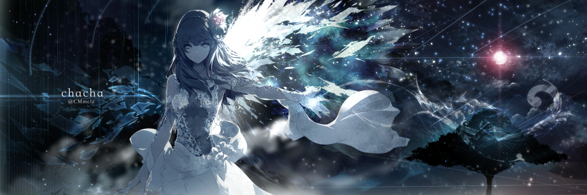 1girl arm_at_side armlet asymmetrical_wings bangs black_hair blue_eyes bracelet c.c.r_(ccrgaoooo) character_name closed_mouth detached_sleeves dress feathers flower frown gloves glowing hair_feathers hair_flower hair_ornament highres jewelry lace lens_flare light_particles long_hair looking_at_viewer necklace night night_sky original outdoors outstretched_arm see-through sky solo text tree upper_body wings