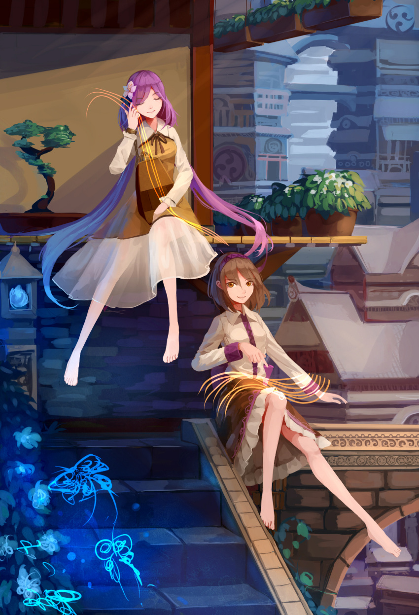 2girls barefoot biwa_lute brown_eyes brown_hair closed_eyes dress flower full_body glowing hair_flower hair_ornament hairband highres instrument long_hair long_sleeves looking_at_viewer low_twintails lute_(instrument) multiple_girls playing_instrument purple_hair see-through shirt short_hair sitting skirt smile stairs touhou tsukumo_benben tsukumo_yatsuhashi twintails yuren