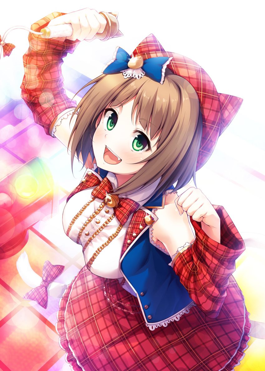 1girl animal_ears animal_hat bare_shoulders blush brown_hair cat_hat cat_tail commentary_request cropped_jacket detached_sleeves fangs from_above green_eyes hair_ribbon hasumi_(hasubatake39) hat highres idolmaster idolmaster_cinderella_girls looking_at_viewer looking_up maekawa_miku microphone paw_pose ribbon short_hair smile solo tail tail_ribbon