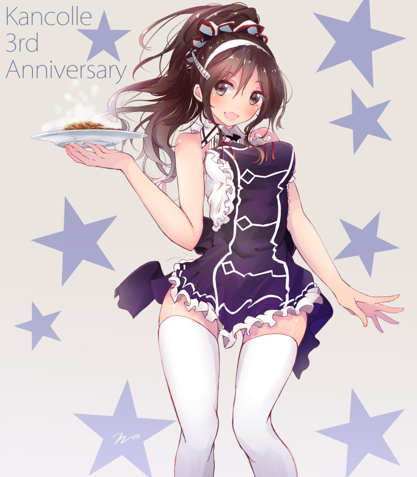 1girl :d anniversary arm_at_side ashigara_(kantai_collection) ass_visible_through_thighs bare_arms bare_shoulders blush breasts brown_eyes brown_hair copyright_name cowboy_shot dress eyebrows eyebrows_visible_through_hair fang food frilled_dress frills hair_between_eyes hair_ornament hair_scrunchie hairband highres holding_plate kantai_collection large_breasts looking_at_viewer meat open_mouth plate ponytail purple_dress scrunchie shiny shiny_skin signature sleeveless sleeveless_dress smile solo standing star starry_background steam tareme tebi_(tbd11) thigh-highs thighs tooth tray white_legwear wing_collar zettai_ryouiki