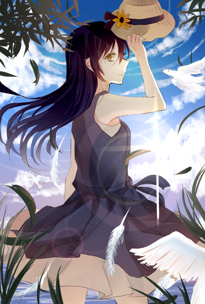 1girl 2016 animal arm_up armpits backlighting bare_shoulders belt bird black_dress blue_sky blush clouds cowboy_shot dated day dress falling_leaves feathers from_side grass hat hat_removed headwear_removed highres holding holding_hat layered_dress leaf lens_flare light_rays long_hair outdoors plant profile purple_hair rui_(ruiruizi) sky sleeveless sleeveless_dress smile solo standing straw_hat water white_feathers yellow_eyes